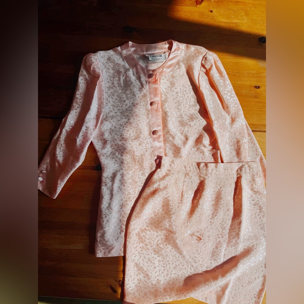 Vintage 80s Two-Piece Blouse & Skirt Set Farouche by Lori Weidner Pink Silk-like